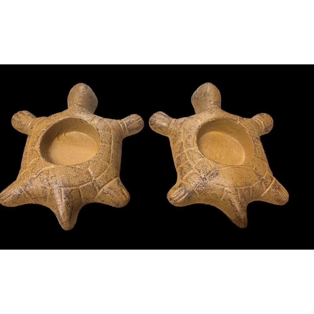 Heavy Cast Iron Turtle Tea Light Votive Candle Holder Set Of 2 Tan 5